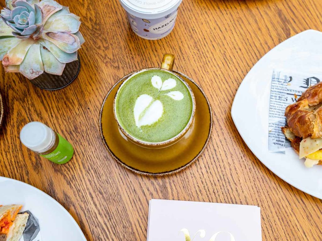 Green Tea Foam Art And Croissants.